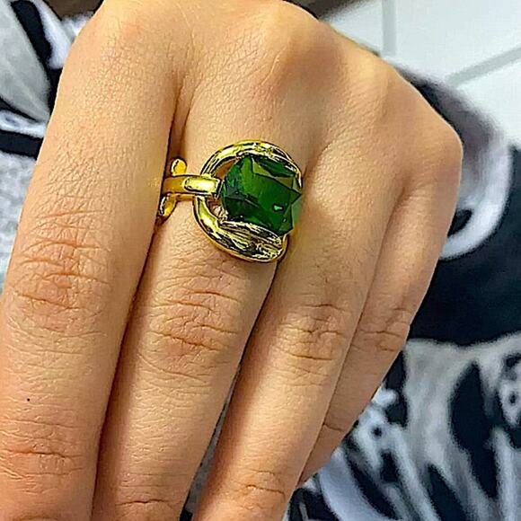 Gold Emerald Crystal Matching Necklace, Earrings, Ring Set - Picture 7 of 8